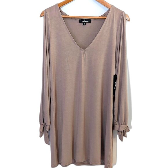 NWT Lulus | Deep V Shift Dress Glory Of Love in Mocha Mousse Taupe | Size Small - Picture 9 of 13